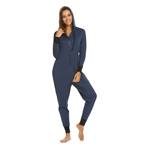 Ekouaer Hooded Onesie One Piece Pajamas Jumpsuit Navy Blue Fleece Knit Front Zip - Picture 1 of 6